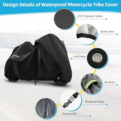 Motorcycle Cover Waterproof for Trike Models Freewheeler/CVO Version/Tri Glide Ultra/Gold Wing Trike, Heavy Duty Sun Rain Outdoor Protection Motorbike Cover with Antenna Zipper & Soft Cotton Lining - size: Trike Motorcycle Cover