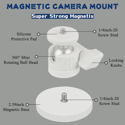 ULIBERMAGNET White Magnetic Camera Mount, Strong Magnetic Mount with 360° Rotation Ball Head, Security Camera Holder with 1/4 inch Thread for GoPro,DJI OSMO Action - style: White 2.59INCH Magnetic Camera Mounts