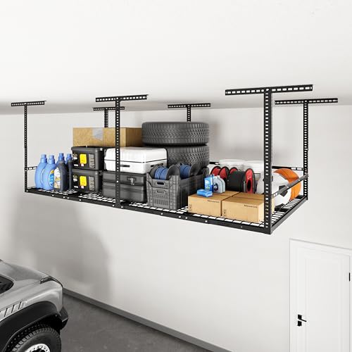 FLEXIMOUNTS 4x8 Overhead Garage Storage Rack with Safety Rails, Hammertone | 750 lbs Capacity, Adjustable 22-40" Height, 3-Sided Guard Rails, Heavy Duty Metal, Ceiling Storage System - color: Hammertone