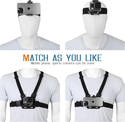 Mobile Phone Chest Strap Harness Mount Head Strap Holder Kit for POV/VLOG,Cell Phone Clip Compatible with iPhone,Samsung,GoPro Hero 9, 8,7, 6, 5, 4, 3,2, 1,AKASO,DJI Osmo,and Action Cameras