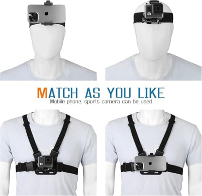 Mobile Phone Chest Strap Harness Mount Head Strap Holder Kit for POV/VLOG,Cell Phone Clip Compatible with iPhone,Samsung,GoPro Hero 9, 8,7, 6, 5, 4, 3,2, 1,AKASO,DJI Osmo,and Action Cameras