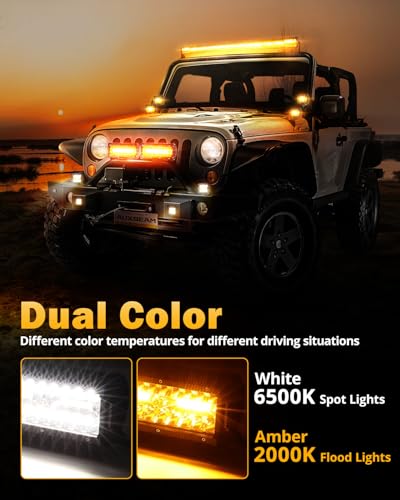 Auxbeam 6 Modes Amber White Series, 4" LED Pods with 20" LED Light Bar Combo Set, Dual Color Strobe Flash/Warning/Signal Spot Flood Combo Auxiliary Offroad Fog Lights, 3 Packs - color: 4" & 20" Combo