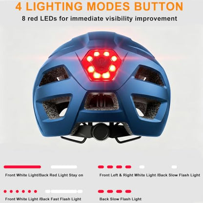 Bike Helmet, Helmets for Adults Men, Front and Back LED Lights Safe Certified MTB Road Bicycle Helmet with Adjustable Brim - color: Metal Blue, size: M (55-58cm)