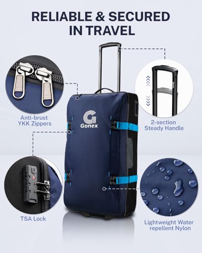 Gonex Rolling Duffle Bag with Wheels, Water-repellent 90L Nylon Large Wheeled Travel Duffel Luggage with TSA Lock & Telescopic Handle 30 inch, Dark Blue - color: Dark Blue, size: 30 inch