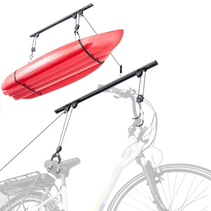 Bike Hoist- Heavy Duty for Space Saving - Road, Commuter & Mountain Bikes, Holds Kayaks & Ladders - No-Hassle Installation for Quick & Easy Access - style: Bike Hoist Pro With Kayak Straps
