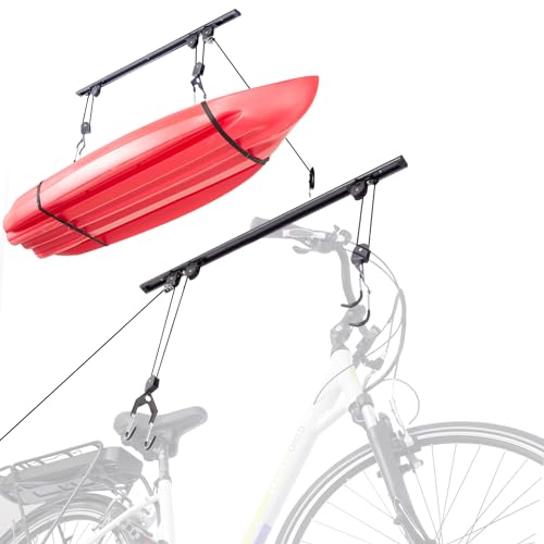 Bike Hoist- Heavy Duty for Space Saving - Road, Commuter & Mountain Bikes, Holds Kayaks & Ladders - No-Hassle Installation for Quick & Easy Access - style: Bike Hoist Pro With Kayak Straps