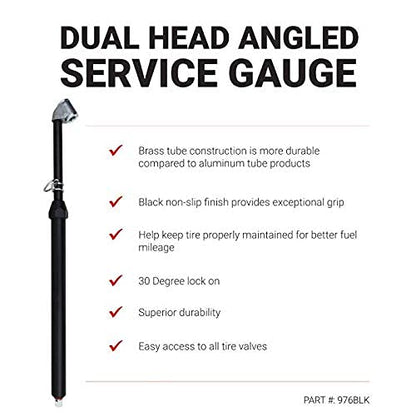 Milton 976BKL Dual Head Angled Chuck Tire Pressure Service Gauge, Non-Slip Grip Matte Black Poly Finish -13” 1-160 PSI For Large Vehicle Tires