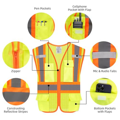 Safety Vest with Pockets - High Visibility Reflective Mesh Vest for Men & Women - color: Yellow, size: Large