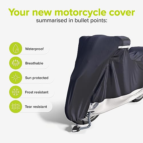 VELMIA Motorcycle Cover - Extremely Heat Resistant up to 550F, Waterproof for All Seasons, Fits Motorcycles, Scooters, Mopeds & Harleys - size: [L] 91 x 39 x 49 in