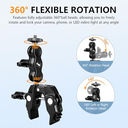 Chelhead Adjustable Phone Camera Holder, 1/4"-20 & 3/8"-16 Threads Universal Tube Mount Fits Up to 3'' Roll Bar Compatible with LED Lights, DSLR Camera, Gopro, Ronin-M, MOVI, Insta360, Tripod/Desk - style: For Camera & Phone