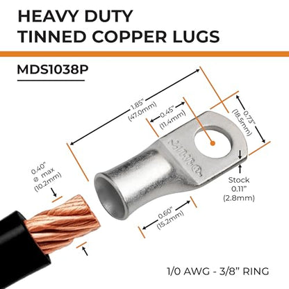 SELTERM 10pcs 1/0 AWG-3/8" Stud Tinned Copper Wire Lugs, Heavy Duty Battery Cable Ends,0 Gauge Ring Terminals, UL Battery Lugs Marine Grade Copper Eyelets Electrical Battery Terminal Connectors - color: Tinned Copper Lugs, size: 1/0 Awg - 3/8" (M10) Ring