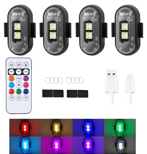 Wireless Strobe Lights with Remote Control Motorcycle Car LED 8 Colors Anti-Collision USB Charing Waterproof Interior Emergency Warning Lights for Truck Drone Aircraft Bike (4 Pack) - color: 4 Pack