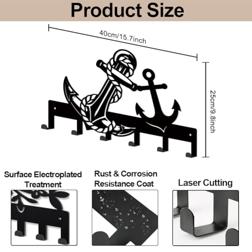 MAYJOYDIY Sailing Anchors Metal Key Hook Sailor Rope Coat Rack Wall Mounted 15.7×9.8inch Art Wall Decor Key Holder Organizer Rack with 6 Hooks for Gift Coats Hats Towels Bags Hanging - style: Sailing Anchors