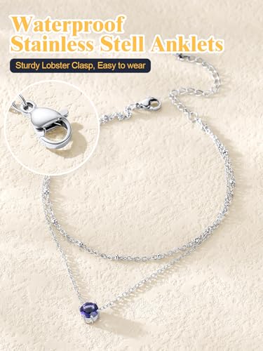 U7 Silver Ankle Bracelet for Women, Waterproof Layered Ankle Round Gem Birthstone Anklets, Summer Beach Foot Jewelry, Adjustable 8.5"-10.5" - color: 02.February-Amethyst Purple
