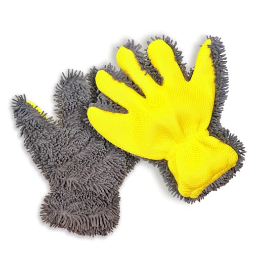 Car Wash Mitt Microfiber Scratch Free,Premium Chenille Ultra-Soft Car Wash Gloves,Thickened Inside Coated Swirl-Free Finish 5-Finger Design Detailing for Cleaning Car Wash Brush,2-Pack Yellow - color: Car Wash Mitt Yellow 2p