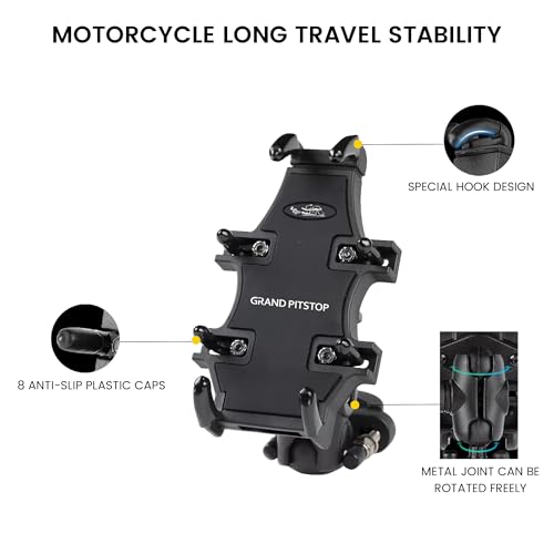GRAND PITSTOP Motorcycle Phone Mount Holder with 8 Clamps 100mph Military Anti-Shake Bike Phone Holder, 10s Quick Install Handlebar Phone Mount, Compatible with iPhone, Samsung, All Phones (Black)