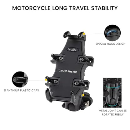 GRAND PITSTOP Motorcycle Phone Mount Holder with 8 Clamps 100mph Military Anti-Shake Bike Phone Holder, 10s Quick Install Handlebar Phone Mount, Compatible with iPhone, Samsung, All Phones (Black)