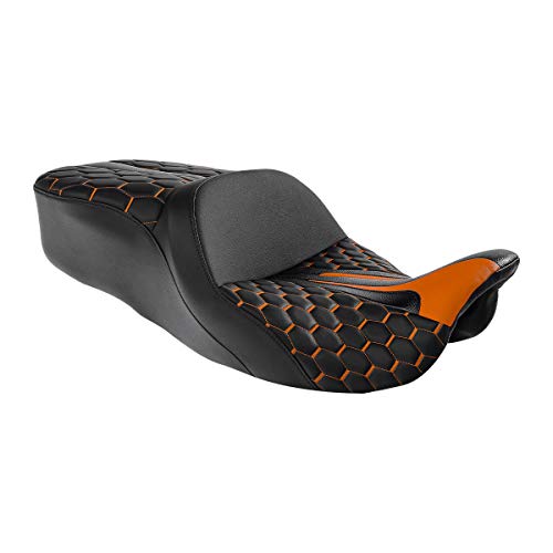C.C. RIDER Soft Motorcycle Passenger Seat - Bagger Comb Strapped 2-Up One-Piece Fit for Harley Touring Road King FLHR Street Glide FLHX Road Glide FLTRX Electra Glide FLHT 2009-2023 - color: Black+Orange