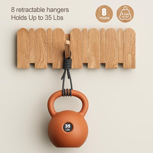 Solid Walnut Coat Rack Wall Mount, 16.5" Wood Wall Mounted Coat Rack with 8 Retractable Hangers,Heavy Duty Wooden Coat Hooks for Hanging Coats,Hats,Robe,Towels,Bags,Key Holder for Entryway,Natural - color: Natural