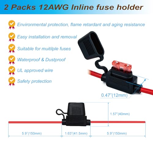 VANSIHO 12AWG Waterproof Inline Fuse Holder Kit (2-Pack) with 30A Blade Fuses - IP65 Rated, 30cm Length - for Automotive, Marine, Boat, RV, Motorcycle Electrical Systems