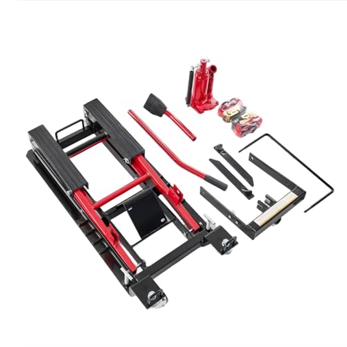 1500 LBS Hydraulic Motorcycle Lift Jack, Heavy Duty Steel ATV Lift Stand with Wheels, Handle, Foot Pedal, Tie-Down Straps & Adapter Bars, Red/Black