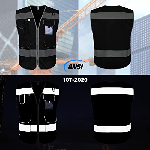 TCCFCCT Hi Vis Vest, 9 Pockets High Visibility Reflective Safety Vest for Men Women, Safety Construction Vest with Reflective Strips, Meets ANSI/ISEA Standards, (Black, Medium) - color: Black Fabric-bison 001, size: Medium