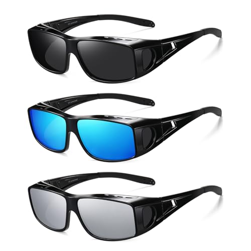 Wzerry Sunglasses Fit Over Glasses Polarized for Men Women, Wrap-Around Glasses UV400 Protection for Driving and Outdoor - color: Black/Grey + Black/Blue + Black/Silver