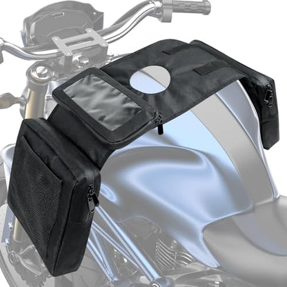 Universal ATV Tank Saddle Bag, Waterproof Motorcycle Fuel Tank Bag with Phone Pocket, Durable Synthetic Storage Bag Compatible with UTV Quad Bike Snowmobile, Black atv Saddle Bag