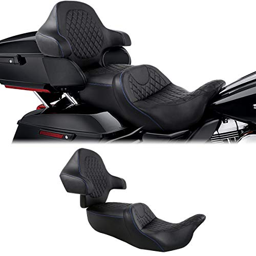 C.C. RIDER Driver Passenger Seat with Wrap-around King Tour Trunk Backrest Pad Sissy Bar fit for Harley Touring Road King FLHR Street Glide FLHX Road Glide FLTRX Electra Glide 2014-2023 - color: 04# Blue+ Passenger Backrest