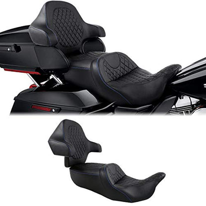 C.C. RIDER Driver Passenger Seat with Wrap-around King Tour Trunk Backrest Pad Sissy Bar fit for Harley Touring Road King FLHR Street Glide FLHX Road Glide FLTRX Electra Glide 2014-2023 - color: 04# Blue+ Passenger Backrest