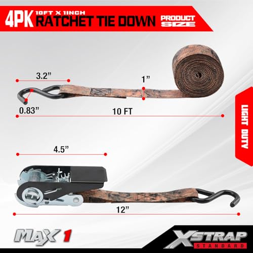 XSTRAP STANDARD Ratchet Tie Down Straps 4 Pk 10 Ft- 300 Lbs Load Cap- 900 Lbs Break Strength-Cargo Straps for Hunting, UTV, ATV, Pickup, Truck, Moving Appliances, Lawn Equipment, Camouflage - color: Camouflage, size: 4pk 1inchx10ft
