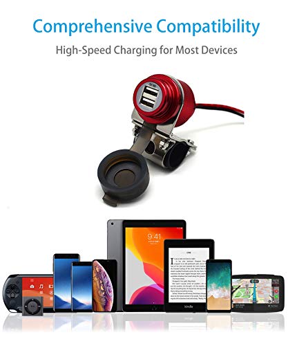 Cliff Top Motorcycle USB Charger Waterproof Dual USB Port 4A 20W Aluminium, with Magnetic Power Switch Heavy Duty for 7/8’’ and 1’’ Handlebars - Prevents Battery Drain (Red) - color: Red