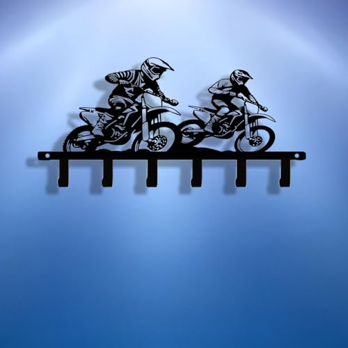 Motocross Dirt Bike 6-Hook Black Metal Entryway Rack, Keys Coats Towels Wall Decor
