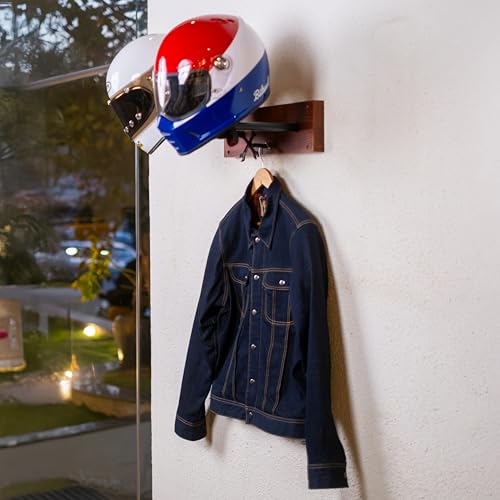 Trip Machine Company Motorcycle Helmet Holder | Jacket Hanger for Coat, Keys, Hats | Motorcycle Accessory | Solid Wood & Cast Iron Wall Mount | Multi Purpose Organizer Hook for Home, Office, Garrage