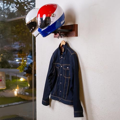 Trip Machine Company Motorcycle Helmet Holder | Jacket Hanger for Coat, Keys, Hats | Motorcycle Accessory | Solid Wood & Cast Iron Wall Mount | Multi Purpose Organizer Hook for Home, Office, Garrage
