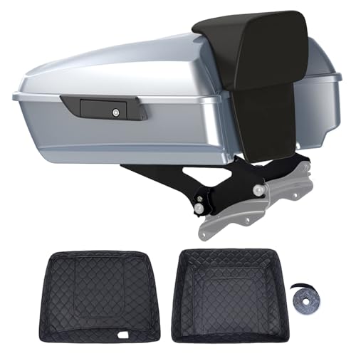 Motorcycle Chopped Tour Trunk Pack For 2009+ Harley Touring - Barracuda Silver, Black Detachable Mounting Rack, Backrest & Black Trunk Liners - color: Barracuda Silver, size: Chopped Tour Trunk Pack, Mount Rack & Black Liners