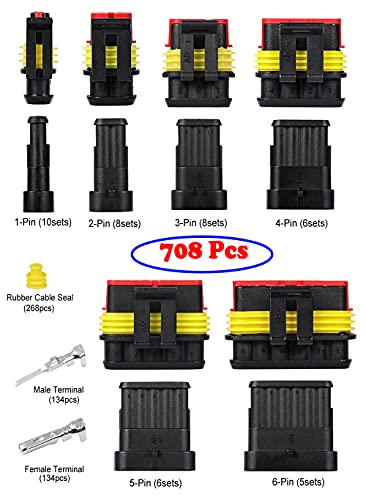 708Pcs Waterproof Automotive Electrical Connector Terminals Wire Connector Plug Kit 1/2/3/4/5/6 Pin (43Sets) - style: 708 pcs