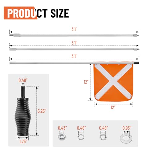 Sand Safety Flag with Barrel Spring Mounting Base, 12" x 12" PVC Reflective Flag, 9.3Ft Max Height, Compatible with UTV, ATV SUV, Truck & Off-road
