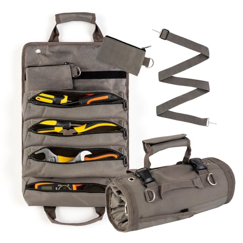 Roll Up Tool Bag, Heavy Duty Portable Tool Organizer with 4 Pouches Tool Roll and 2 Small Zipper Pouches, Compact Motorcycle Tool Storage for Car Garage, Handyman, Dad or Husband Birthday Gifts, Khaki - color: khaki