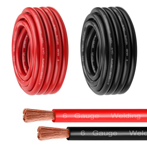 MOOKEERF 6 Gauge Battery Cable - 20FT Red + 20FT Black 6 AWG Welding Cable Flexible Stranded Oxygen-Free Pure Copper Wire for Automotive, Battery, Inverter, Solar, Marine and Generator - color: 20FT Black + 20FT Red, size: 6AWG
