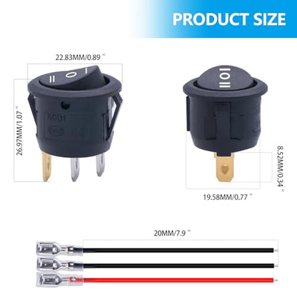 Twidec/5Pcs 12V Round Rocker Switch ON/Off/ON AC 6A/250V 10A/125V SPST 3 Pin 3 Position Toggle Switch for Car Boat Automotive RV Black with Wires KCD1-5-103-ON-OFF-ON - color: Black-Round-ON OFF ON-5PCS