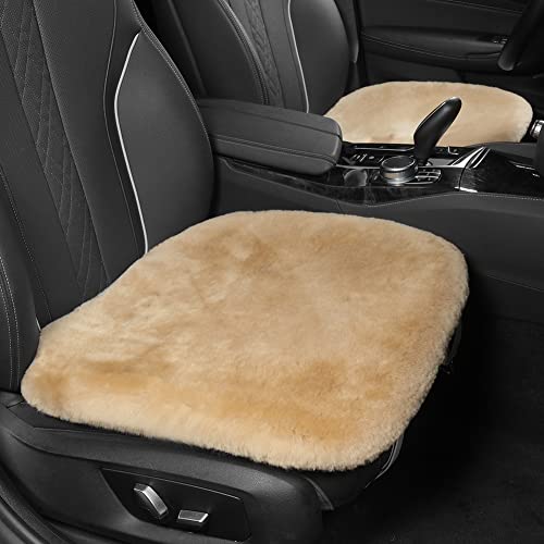 IRIWOOL Genuine Sheepskin Auto Seat Pad,Soft Wool Seat Cover Breathable and Sweat-Wicking Comfort Warm Universal Fit (Front seat Cushion 2pcs & Rear seat Cushion 1pc, Khaki) - color: Khaki, size: 3 Piece Set