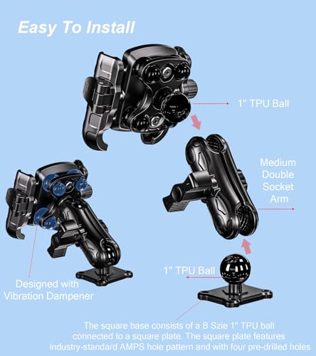 LOKTENWO Anti Vibration Phone Mount, 1s Lock & Release Phone Holder with Shock Dampener, Camera Friendly Aluminum AMPS Square Base Medium Arm for Car Motorcycle UTV Truck Boat, Fits 5.4"-7.2" Phones