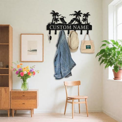 Personalized Key Holder for Wall, Custom Metal Key Hooks with Name | Rust-proof beach design rack for keys, hats, bags and leashes, with free hardware, ideal housewarming gift - color: Beach