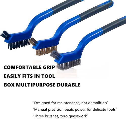 Wire Brush Set (3-Pack) for Precision Cleaning – Brass, Nylon & Stainless Steel Brushes for Rust Removal, Delicate Surfaces & Tight Spaces – 7-Inch Curved Handle - color: 3 PCS BLUE