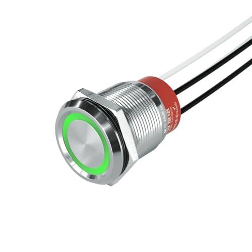 22mm Latching PushButton Switch, IP67 Waterproof Momentary/Latching Stainless Steel Flat Round Switch with Pre-Wired 20AWG, 10A 250VAC 5A 28VDC, 12V-24V LED Ring (Latching, Green) - color: Green