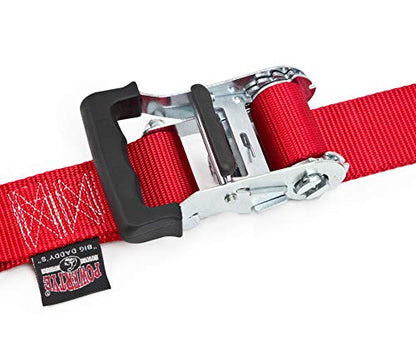 PowerTye 2in x 7ft Premium Trailer Kit with Big Daddy Ratchet Tie-Downs, Secure Hooks, Soft-Tye, & Storage Bag - Made in USA - 1,500 lb. WLL / 4,500 lb. Breaking Strength - Red (Pair) - color: Red Strap/Black Soft-Tye