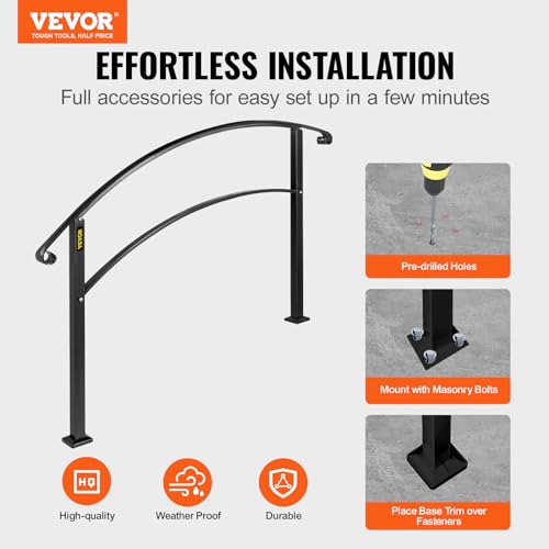 VEVOR 4-Step Handrail Fits 1 or 4 Steps Matte Black Stair Rail Wrought Iron Handrail with Installation Kit Hand Rails for Outdoor Steps - size: Black 3-4 Step, style: Style1 - Curved