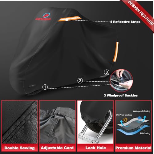 Comnova Motorcycle Cover 116 Inch - 600D Outdoor Motorbike Cover Waterproof with Lock Hole, Universal Fit for Harley, Honda, Kawasaki, Full Protection, Moped Covers for Motorcycle Vehicle Up to 116" - size: Basic - 116 Inch