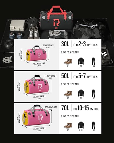 IRON JIA'S Motorcycle Dry Bag - Waterproof Duffle & Luggage Tail Bag Saddle Bags with Roll Top Closure, Shoulder Straps, Inner Pocket and Mesh Pocket (Pink, 50L) - color: Pink, size: 50L